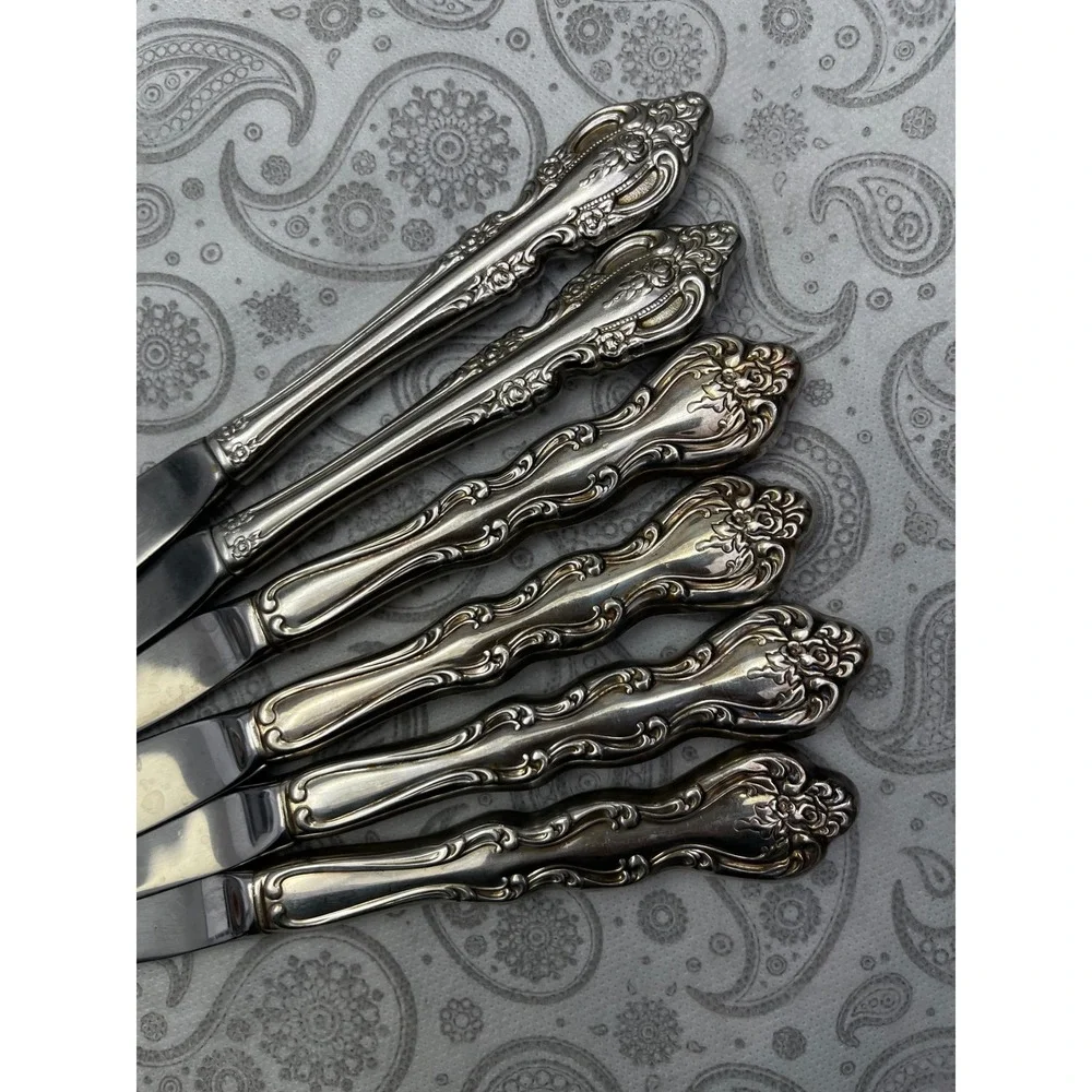Vintage Stainless Dinner Knives Set of 6 Floral Scroll Flatware Silverware
